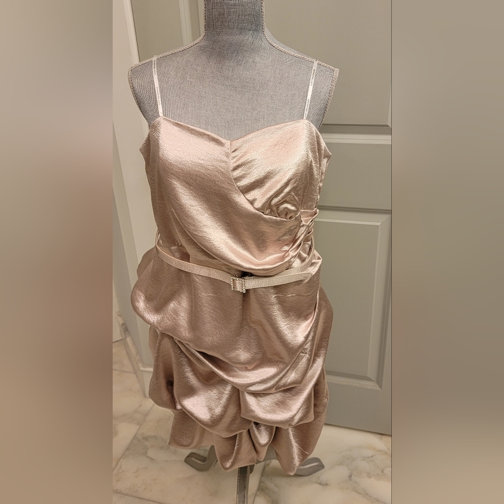 Metallic Rose Colored Strapless Formal Dress with Dainty Belt